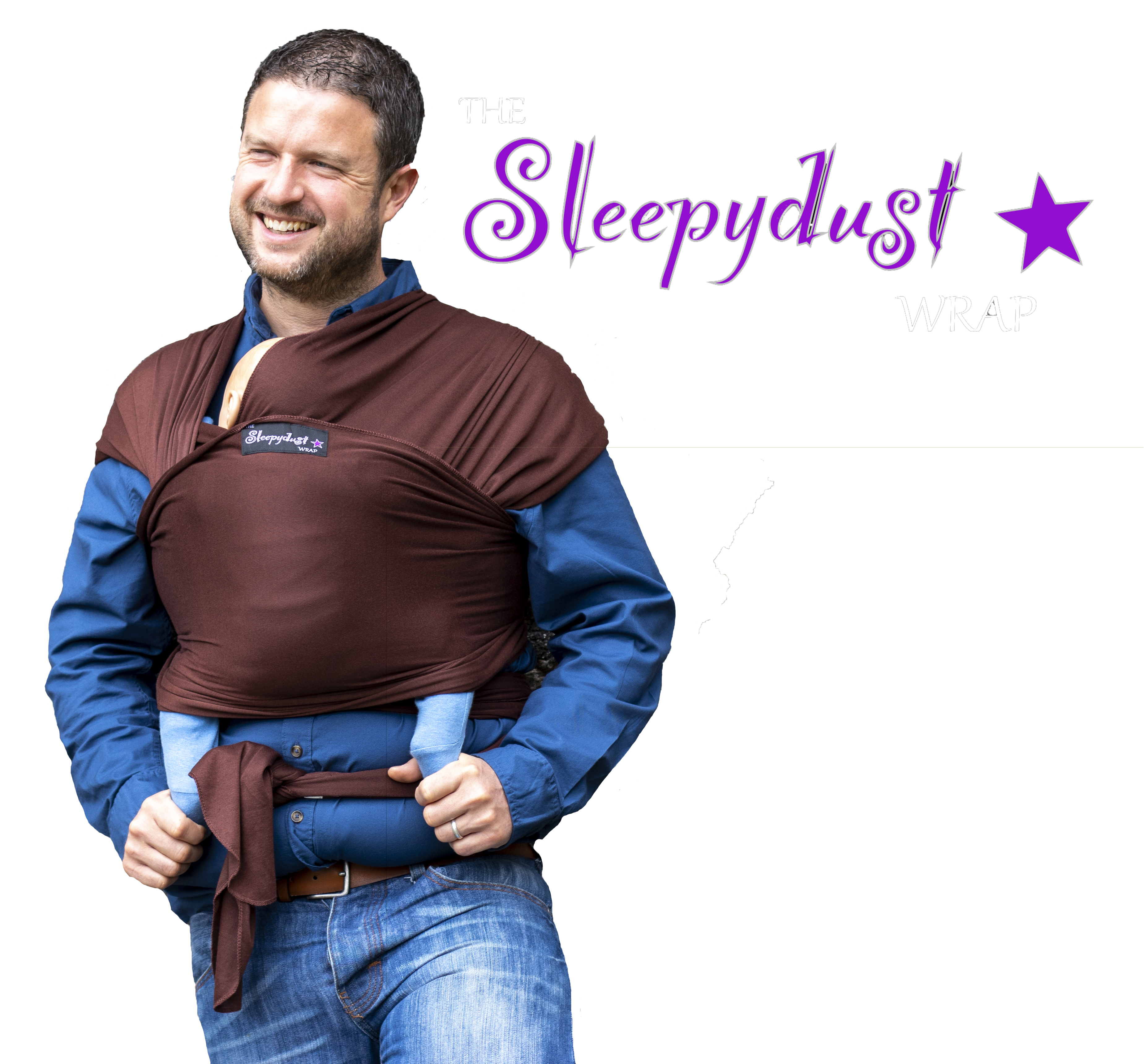 white man wearing The Sleepydust Wrap Rich Earth with a white background and the Sleepydust logo
