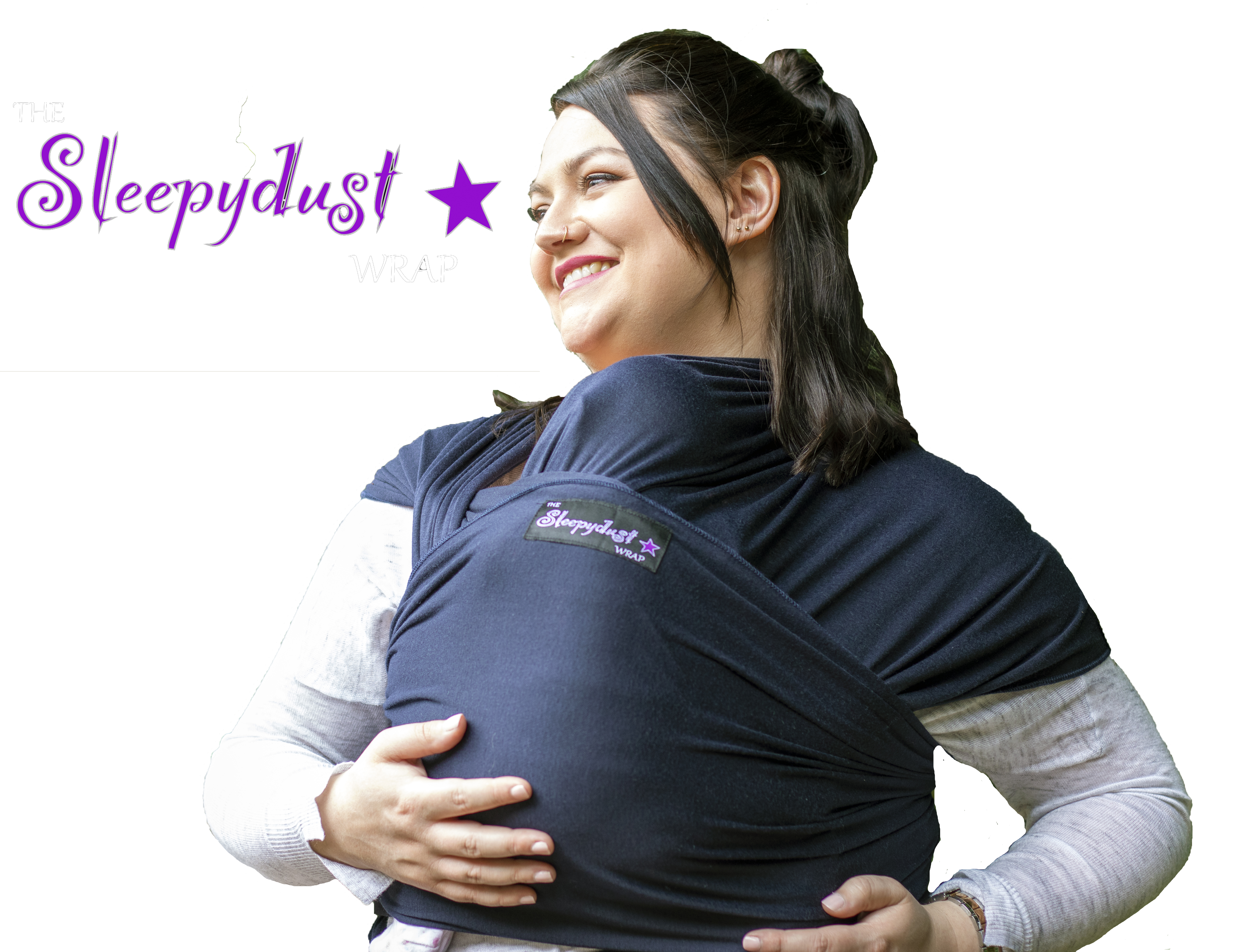 white woman wearing The Sleepydust Wrap Midnight Bliss with a white background and the Sleepydust logo